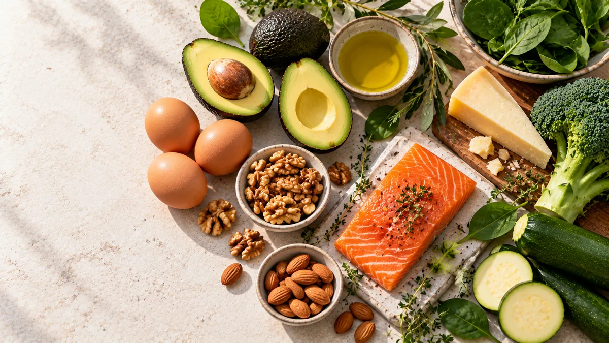 Ketogén étrend élelmiszerei – avokádó, tojás, lazac, olívaolaj, olajos magvak, sajt és zöld zöldségek