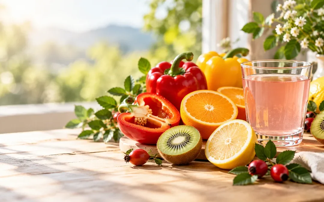 C-vitaminban gazdag paprika, citrusfélék, kivi és csipkebogyó egy pohár itallal – kollagén és C-vitamin