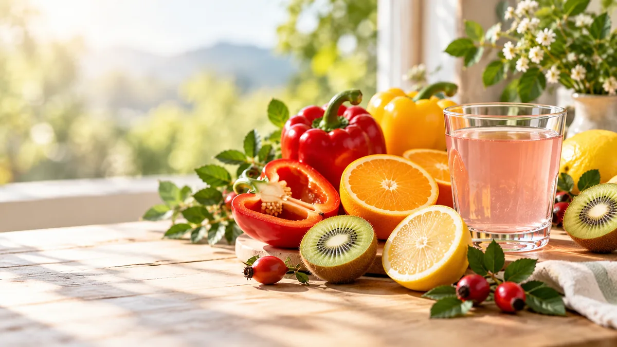 Kollagén és C-vitamin – miért járnak együtt C-vitaminban gazdag paprika, citrusfélék, kivi és csipkebogyó egy pohár itallal – kollagén és C-vitamin