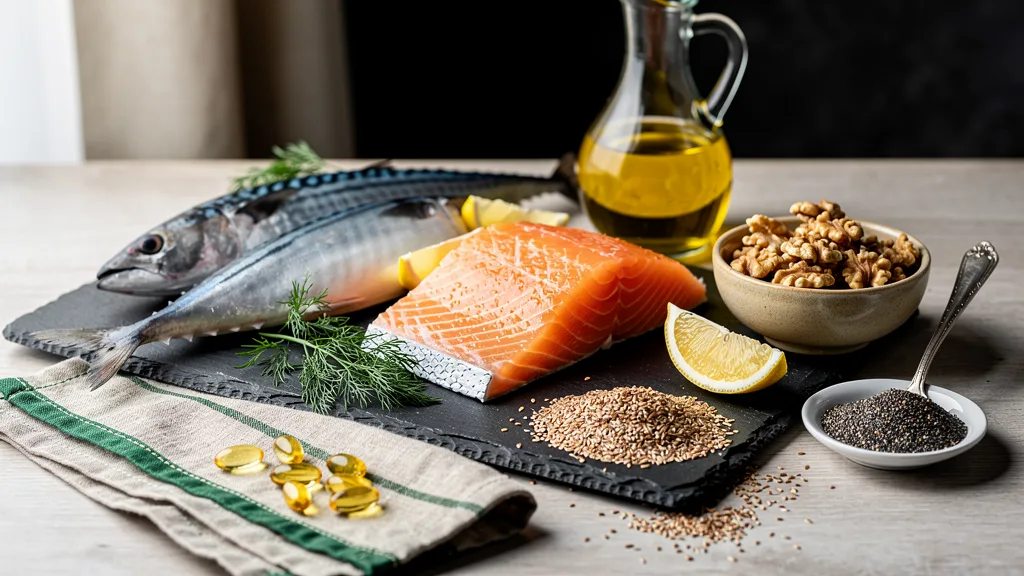 Omega-3 források: zsíros hal, dió, lenmag és chia Lazacfilé, makréla, dió, őrölt lenmag, chiamag és repceolaj egy palavágódeszkán, mellettük halolajkapszulák és friss kapor