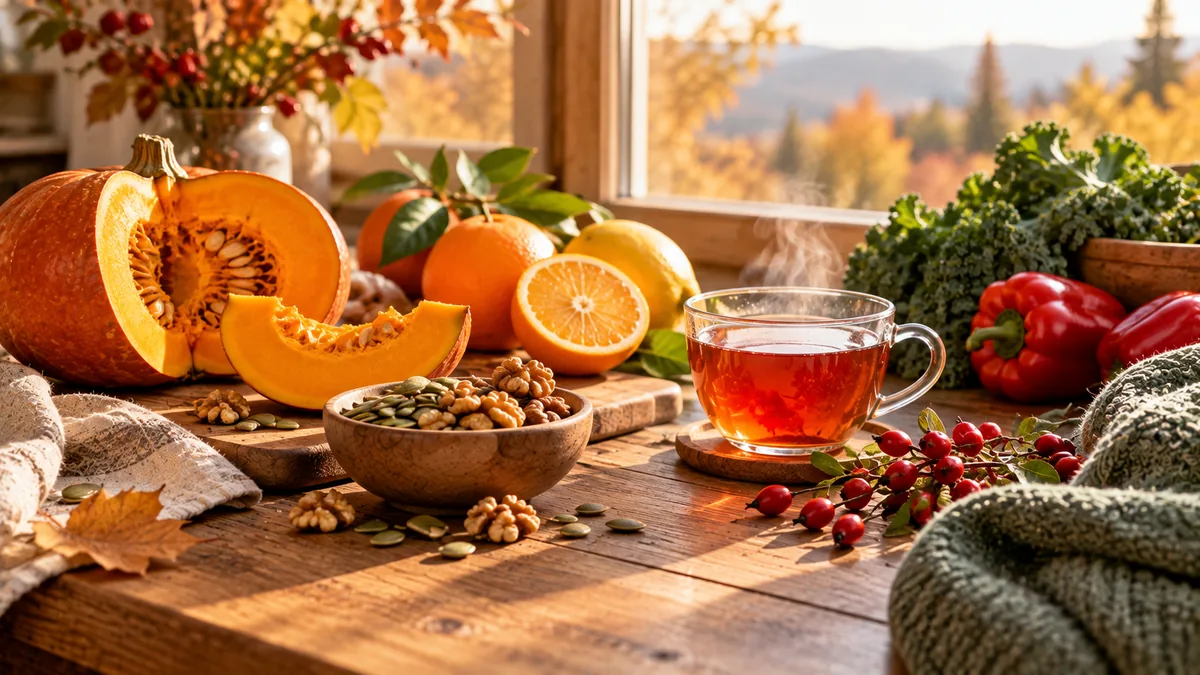 Őszi-téli immuntámogatás – sütőtök, citrusfélék, csipkebogyó tea, dió és tökmag őszi fényben