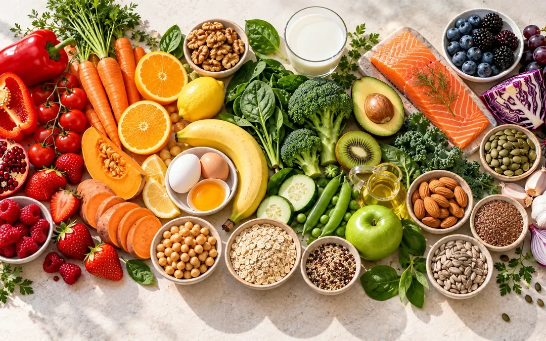Vitaminokban gazdag élelmiszerek szivárványszínű elrendezésben – paprika, répa, citrus, spenót, bogyók, magvak, lazac és tej