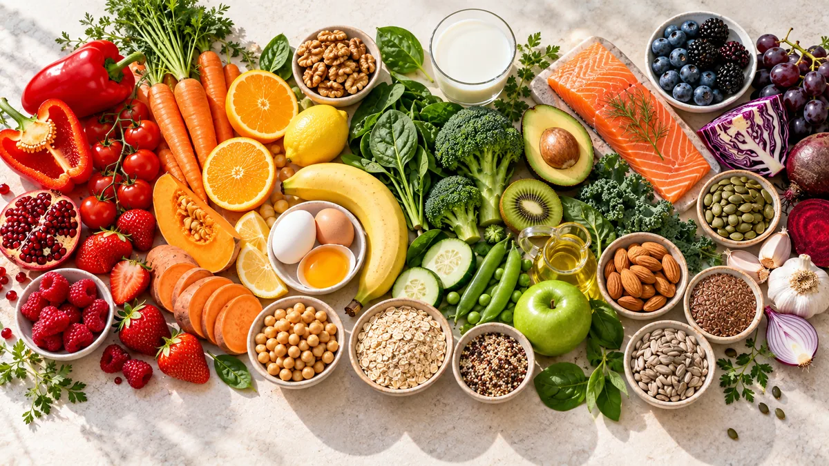 Vitamin-kalauz – mind a 13 vitamin Vitaminokban gazdag élelmiszerek szivárványszínű elrendezésben – paprika, répa, citrus, spenót, bogyók, magvak, lazac és tej
